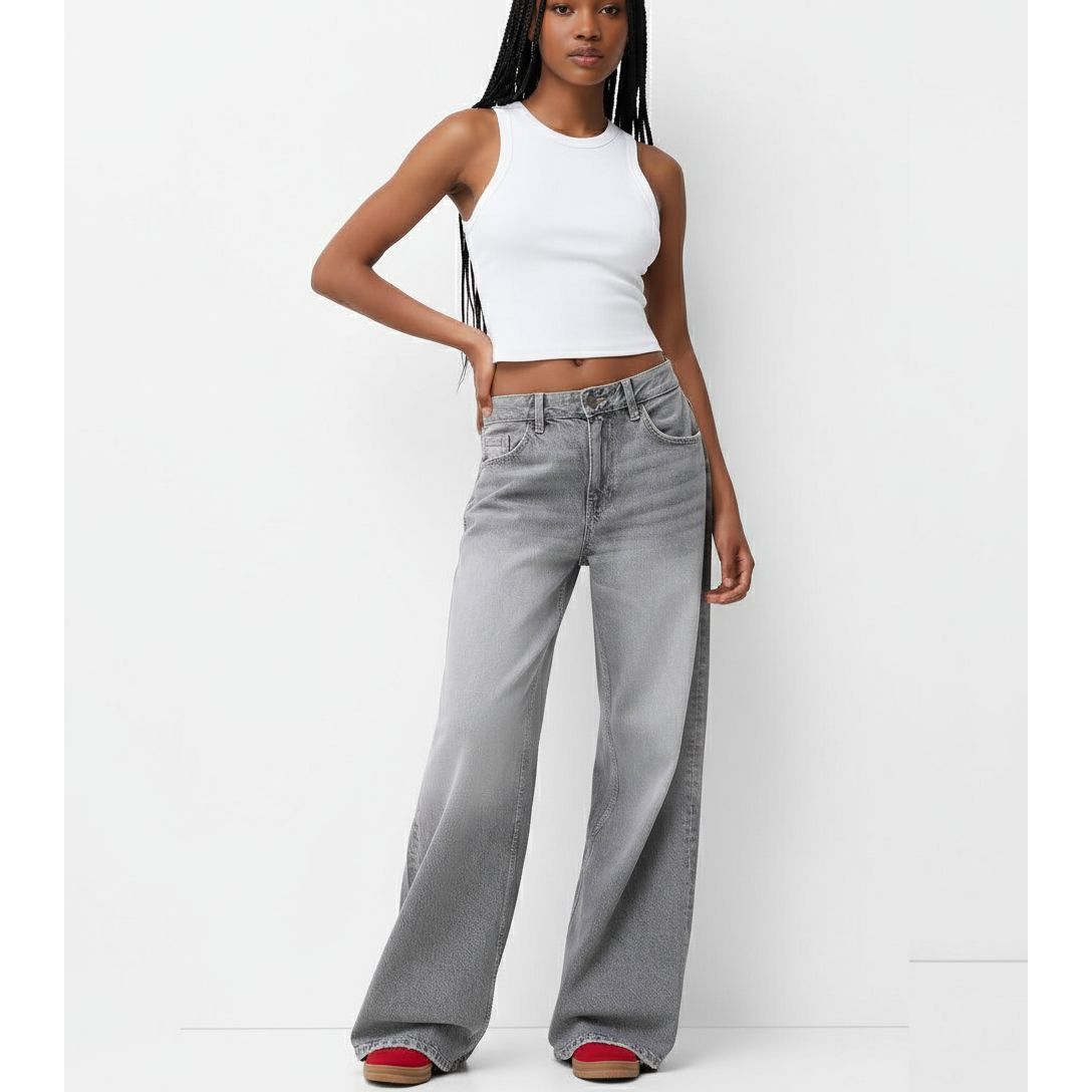 Women's Grey Washed Wide Leg Jeans