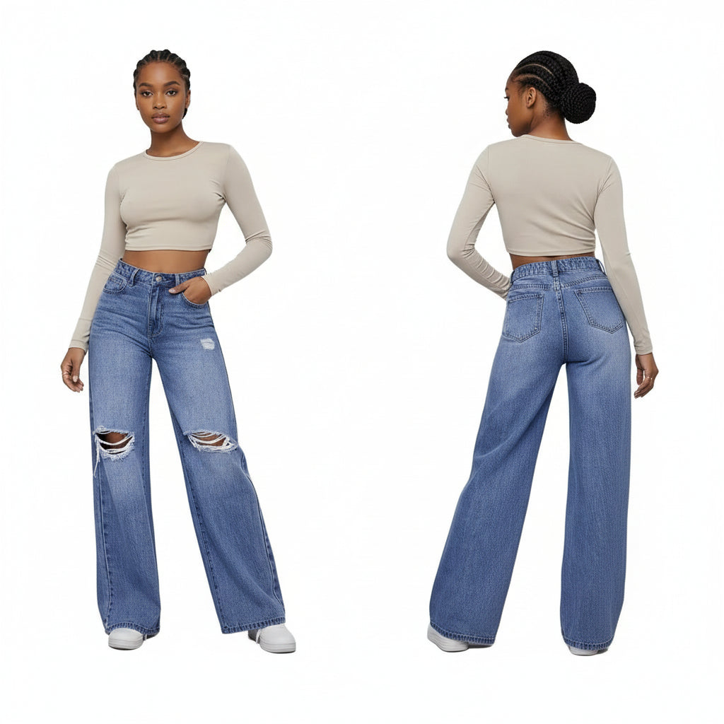 High Waist Ripped Wide Leg Jeans