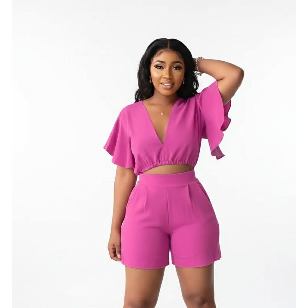 Deep V-Neck Crop Top and Short Set – YELLOW SUB TRADING