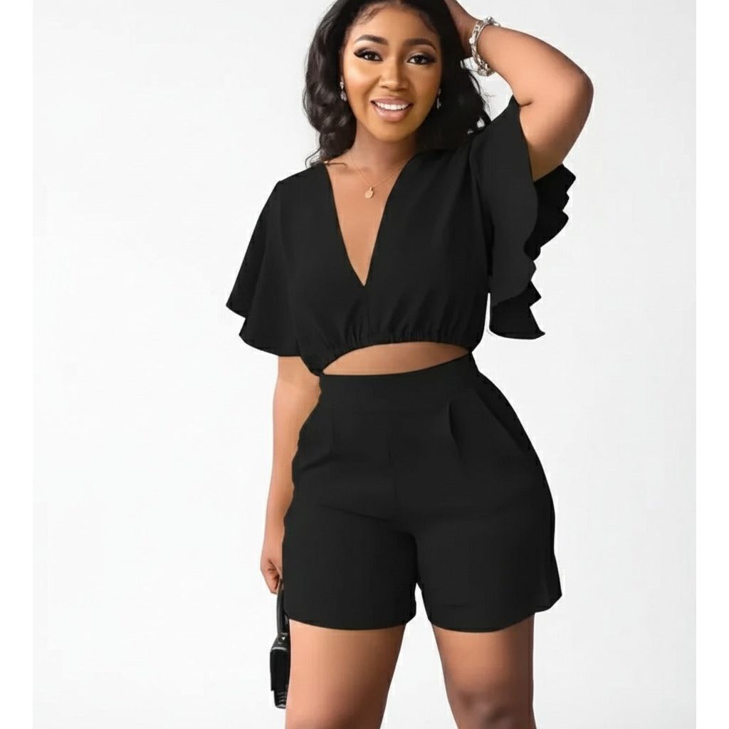 Deep V-Neck Crop Top and Short Set