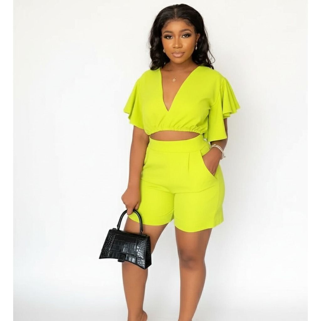 Deep V-Neck Crop Top and Short Set