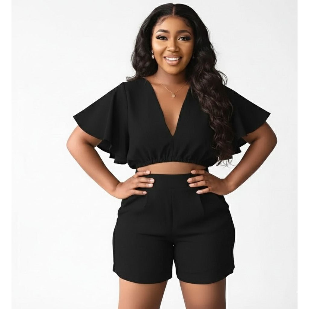Deep V-Neck Crop Top and Short Set