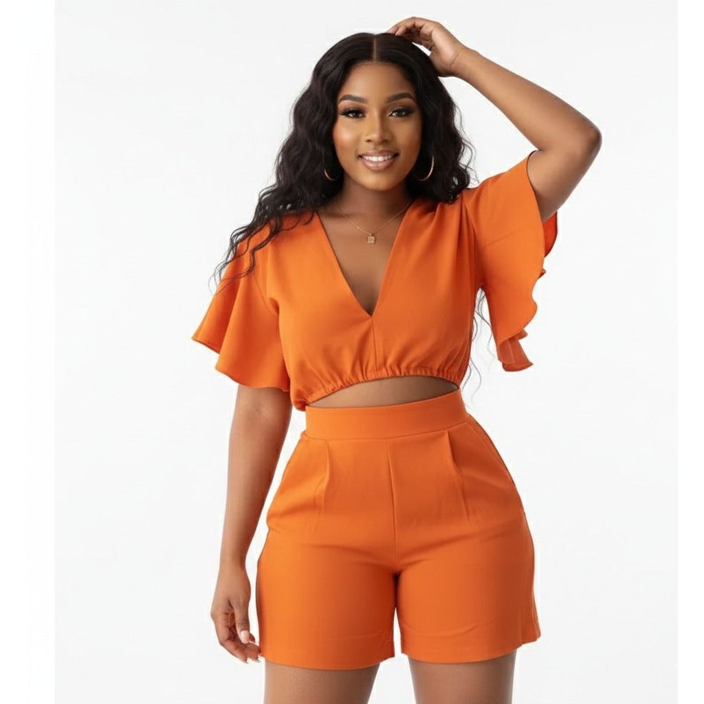 Deep V-Neck Crop Top and Short Set