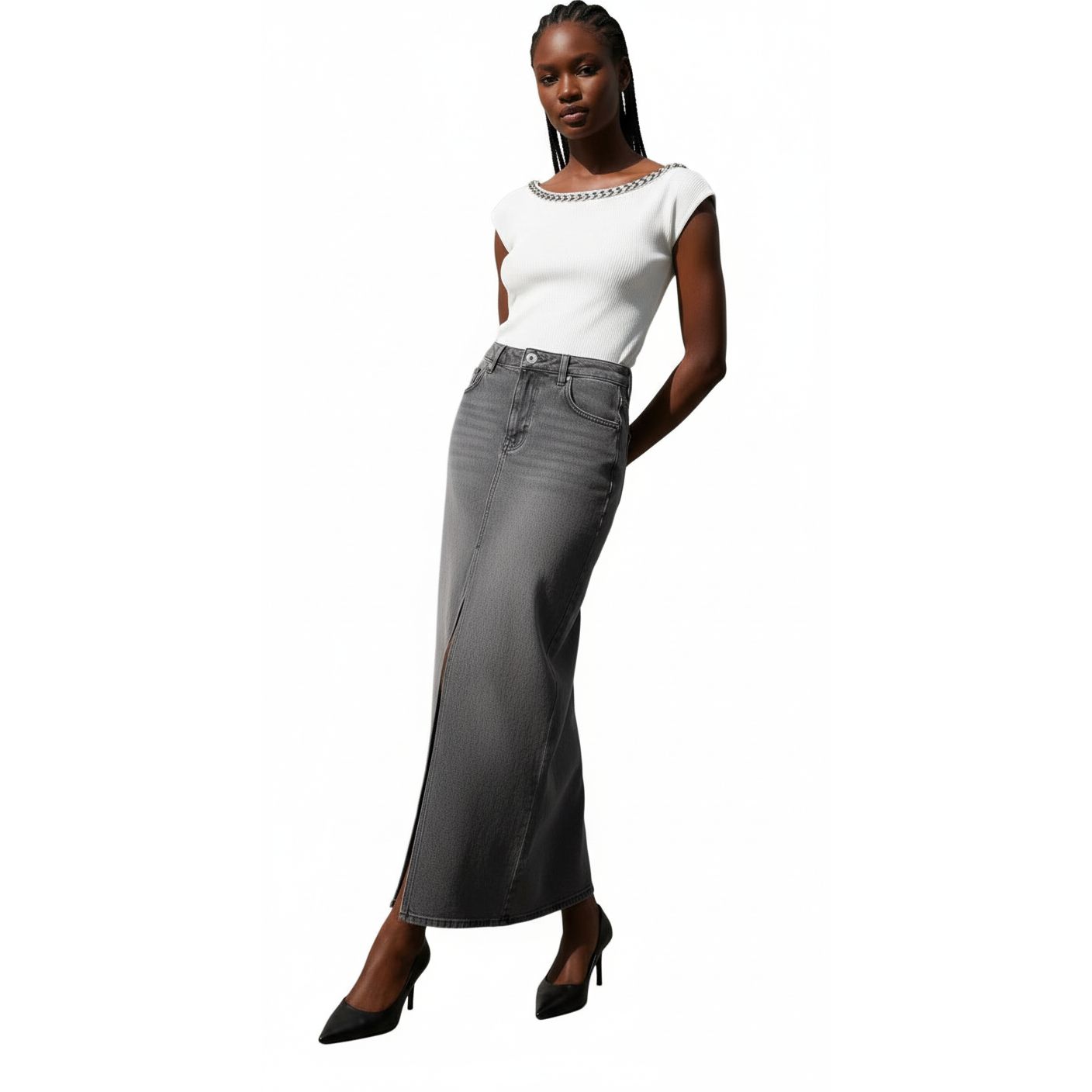 High-Waisted Grey Denim Maxi Skirt