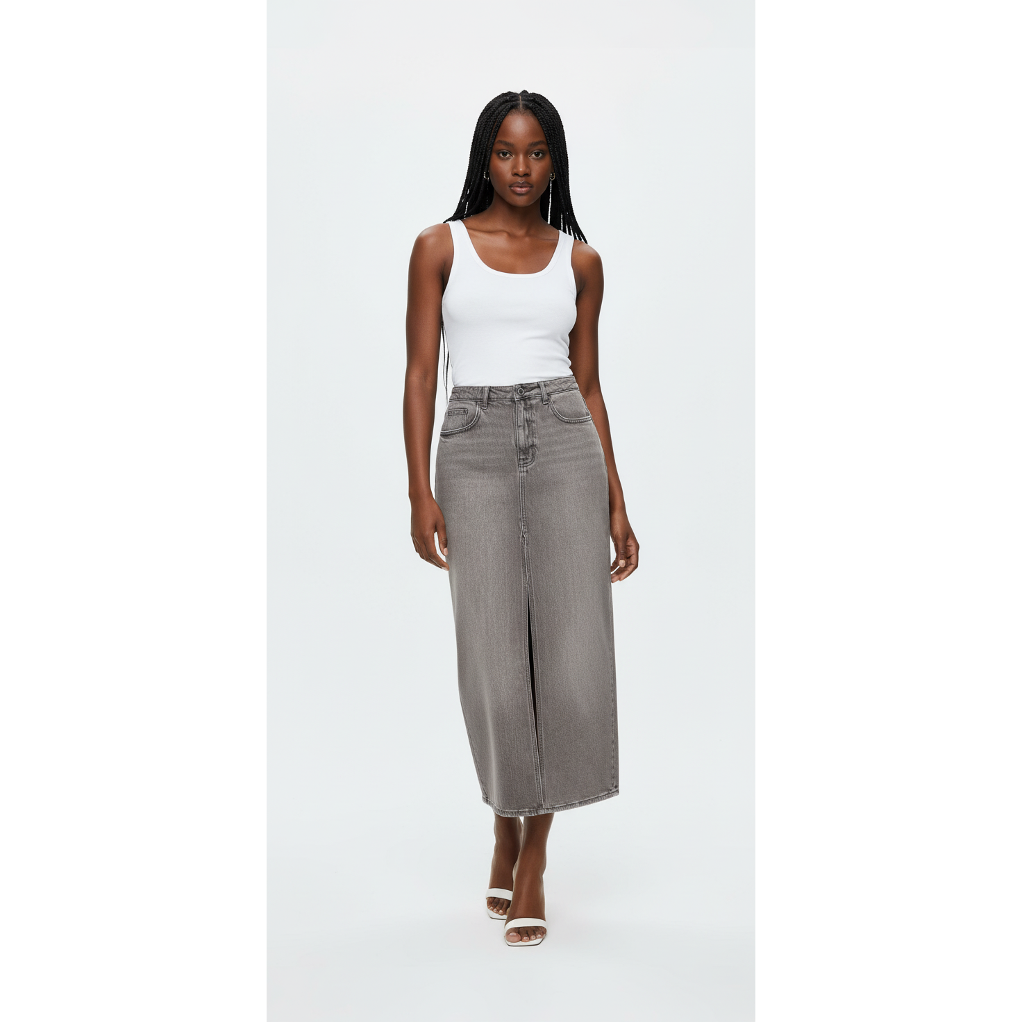 High-Waisted Grey Denim Maxi Skirt