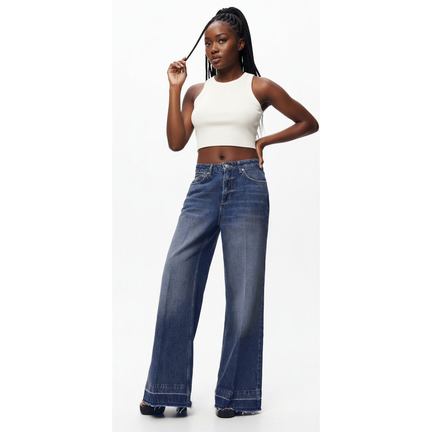Mid-Rise Wide Leg Denim Trousers