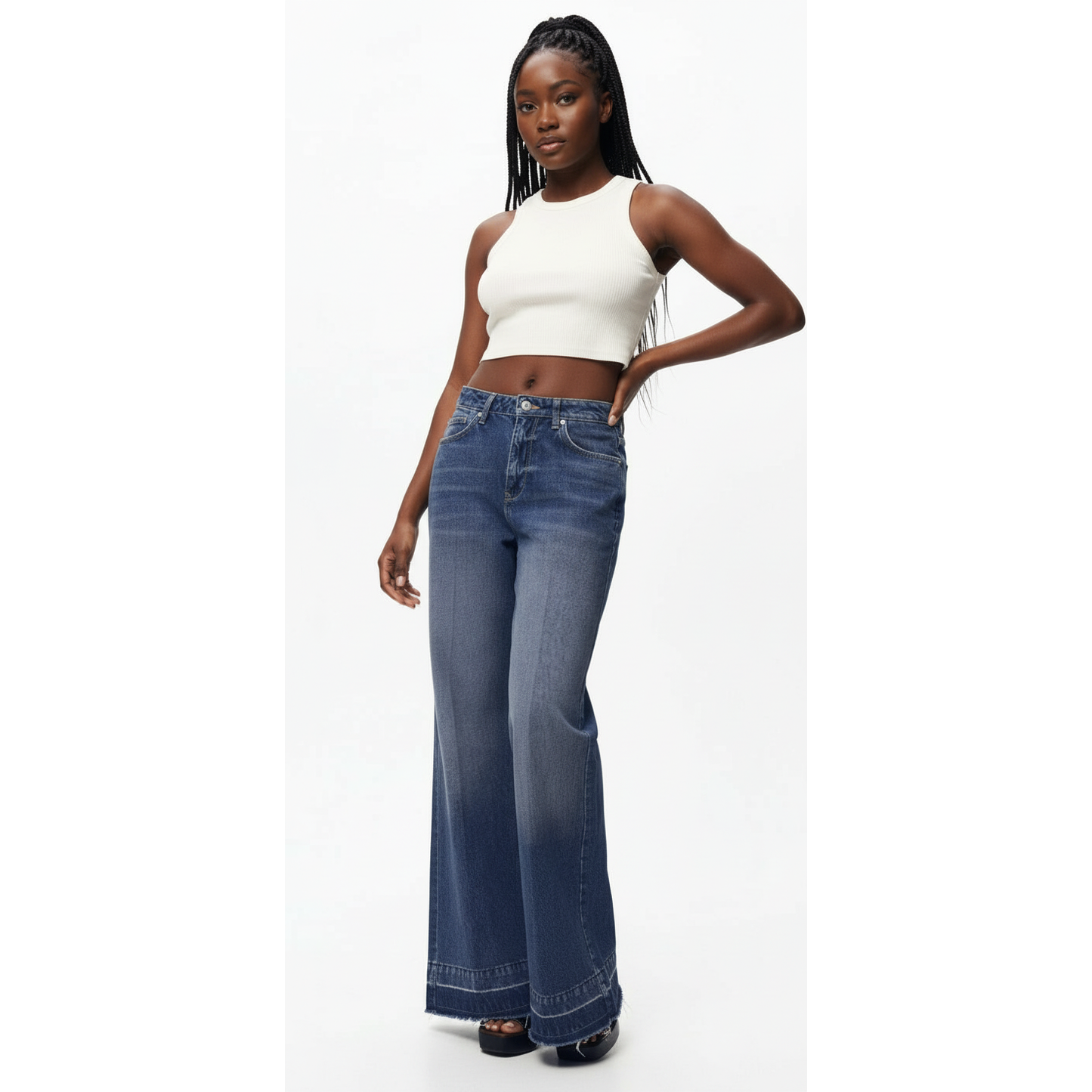 Mid-Rise Wide Leg Denim Trousers