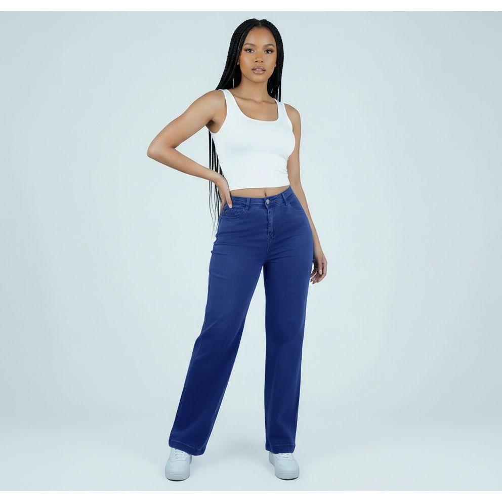 High-Waisted Stretchy Dark Blue Denim Trousers