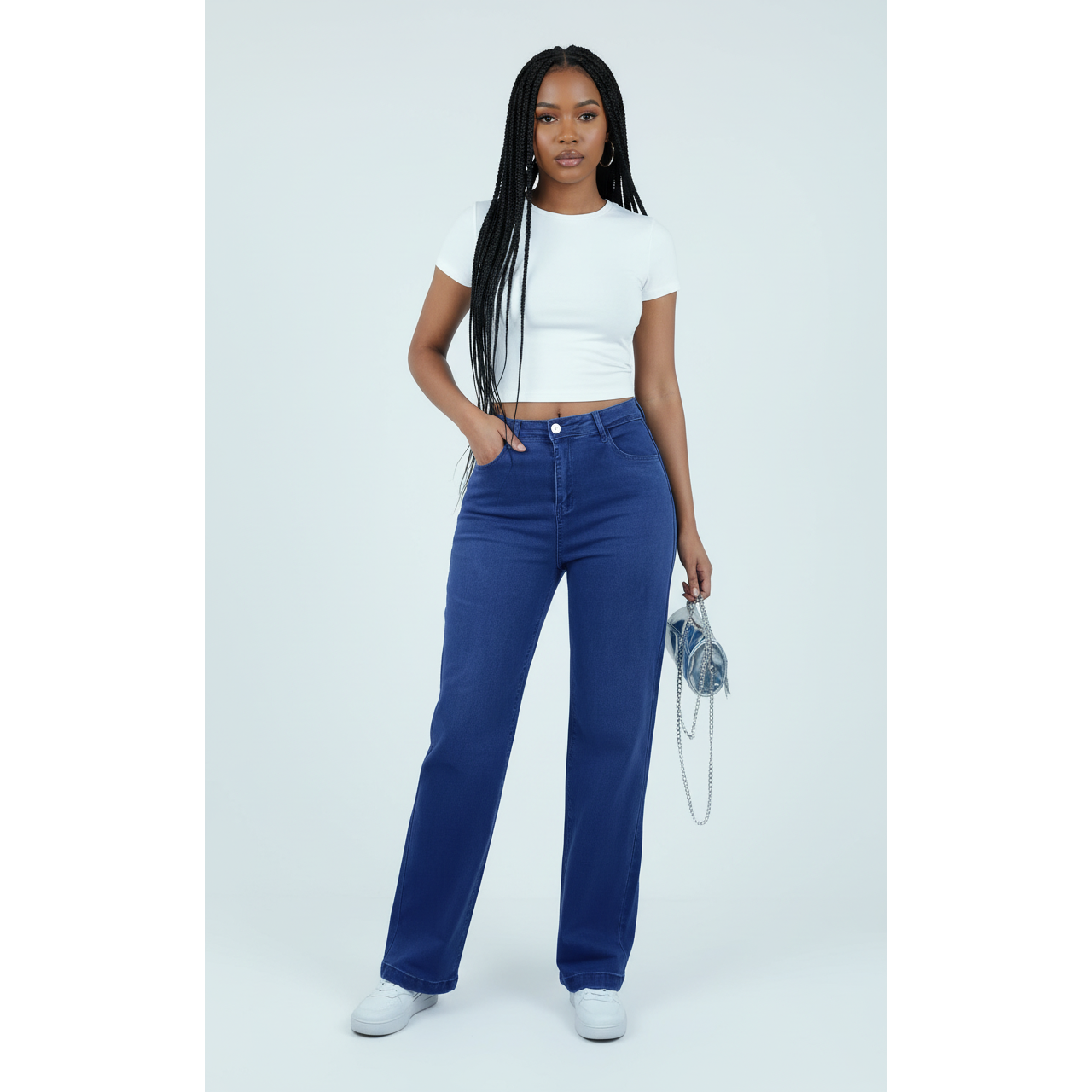High-Waisted Stretchy Dark Blue Denim Trousers