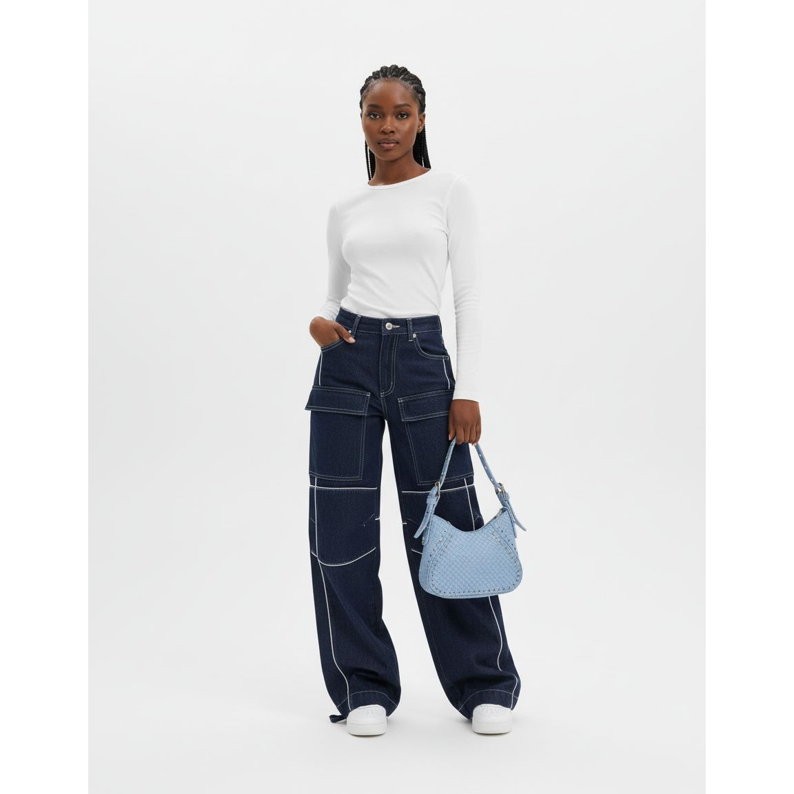 Dark Wash Contrast Stitch Cargo Denim Jeans