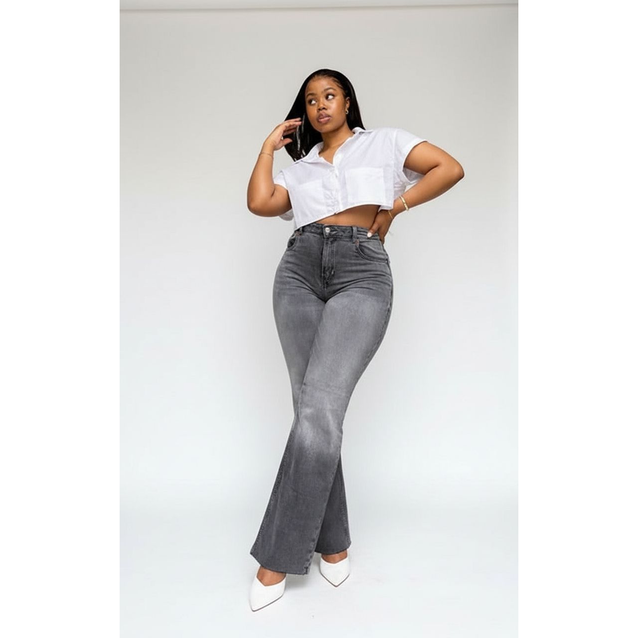 Classic Grey Wash High-Waisted Denim Trousers