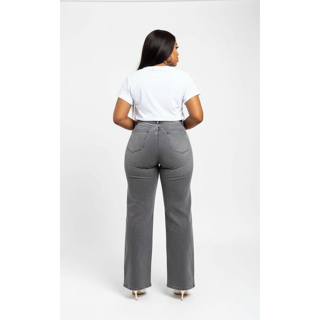 Classic Grey Wash High-Waisted Denim Trousers