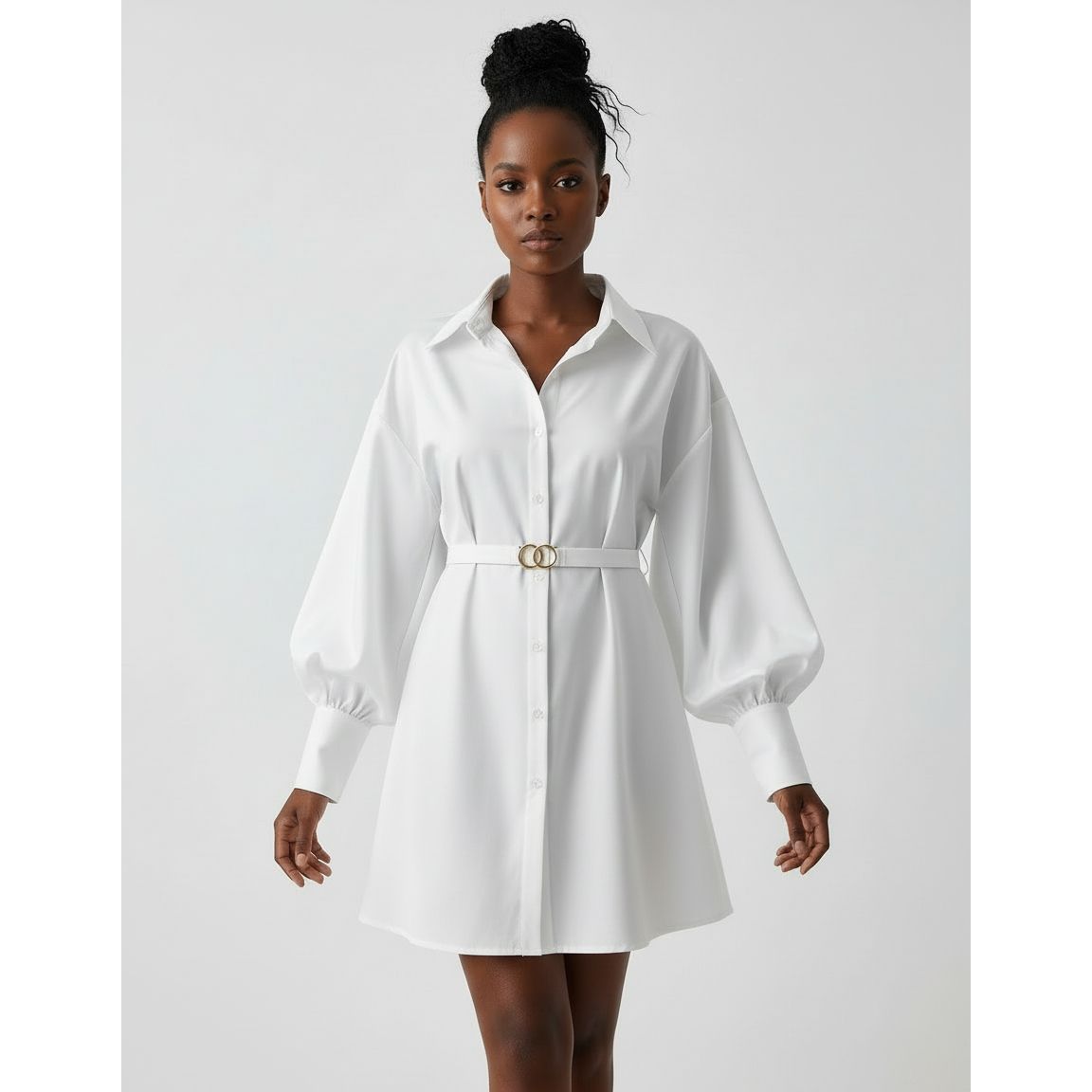 Button-Down Puff Sleeve Mini Dress with Belt
