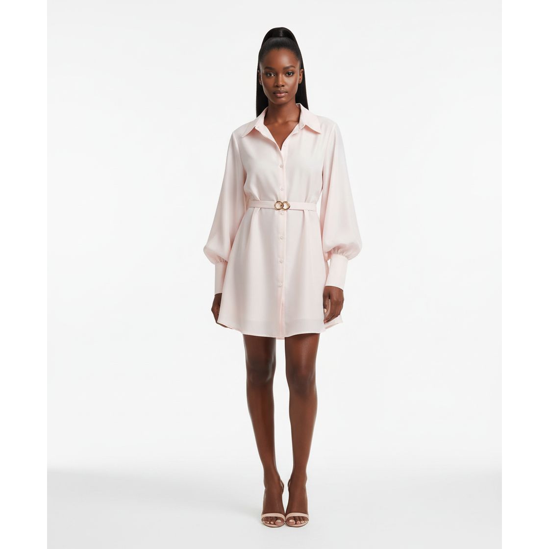 Button-Down Puff Sleeve Mini Dress with Belt