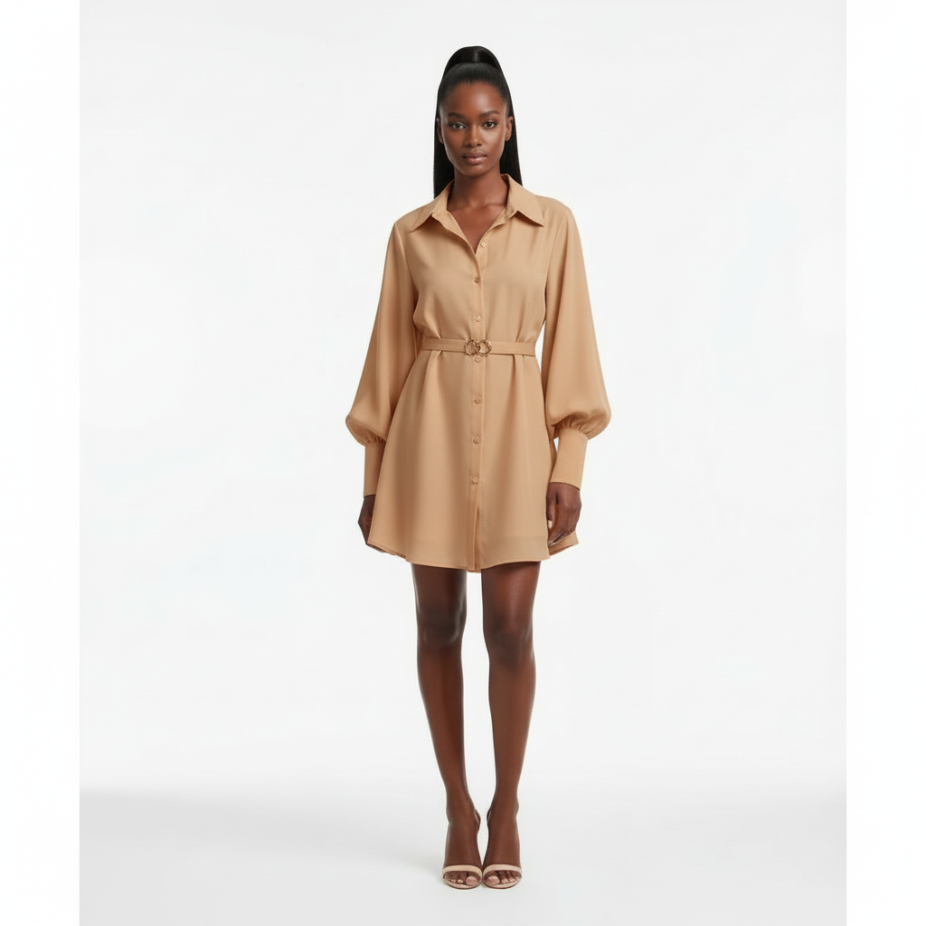 Button-Down Puff Sleeve Mini Dress with Belt