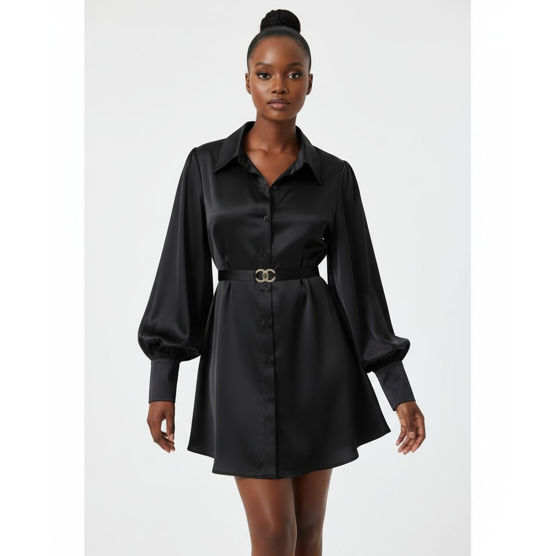 Button-Down Puff Sleeve Mini Dress with Belt