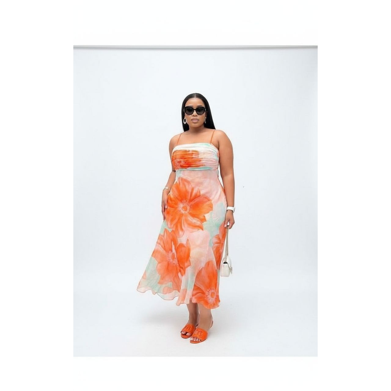 Women's Orange Floral Ruched Bust Cami Dress