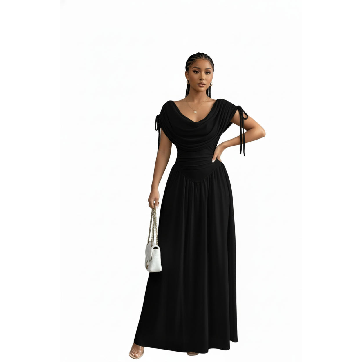 Women's Cowl Neck Ruched Waist Maxi Dress