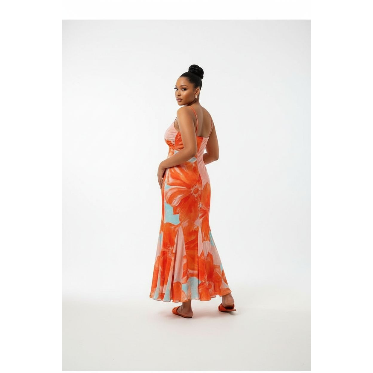 Women's Orange Floral Ruched Bust Cami Dress