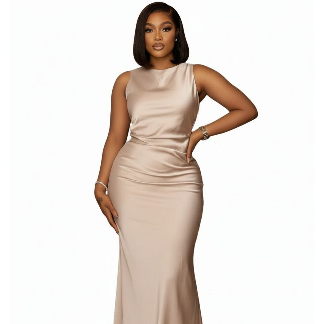 Sleeveless Ruched Waist High-Neck Satin Midi Dress