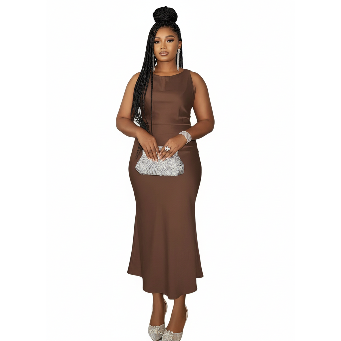 Sleeveless Ruched Waist High-Neck Satin Midi Dress