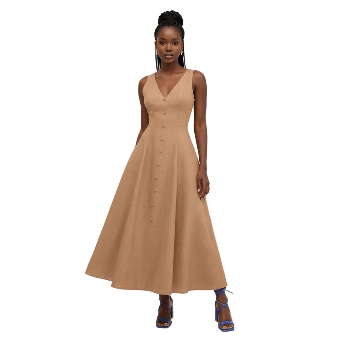 Sleeveless Button-Down A-Line Midi Dress