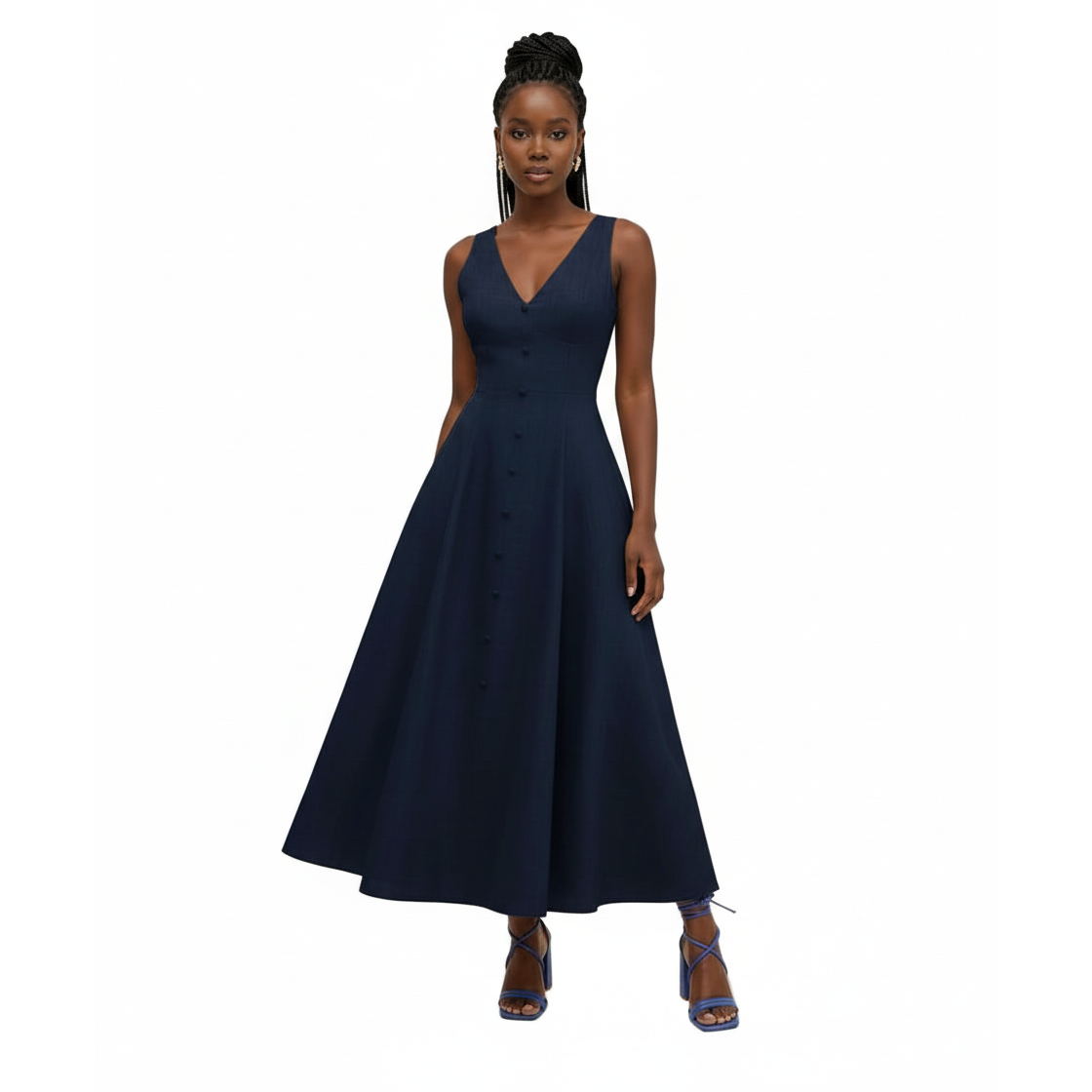 Sleeveless Button-Down A-Line Midi Dress