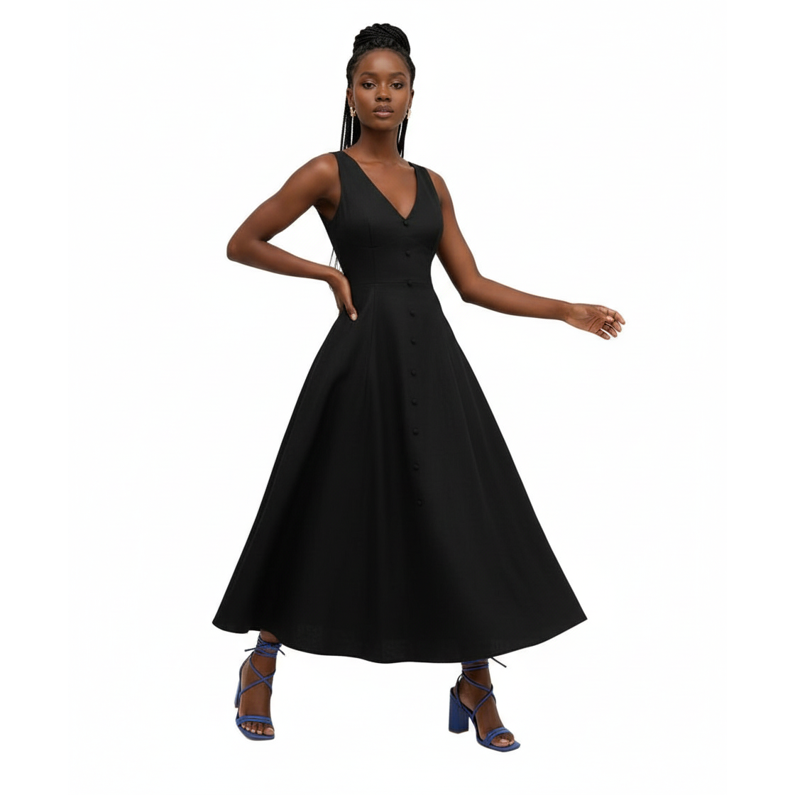 Sleeveless Button-Down A-Line Midi Dress