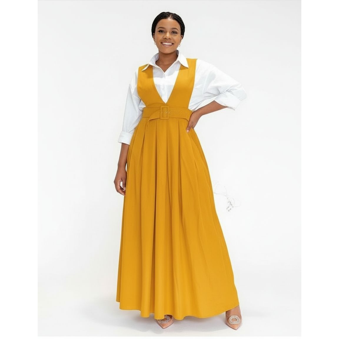 V-Neck Belted Pinafore Maxi Dress