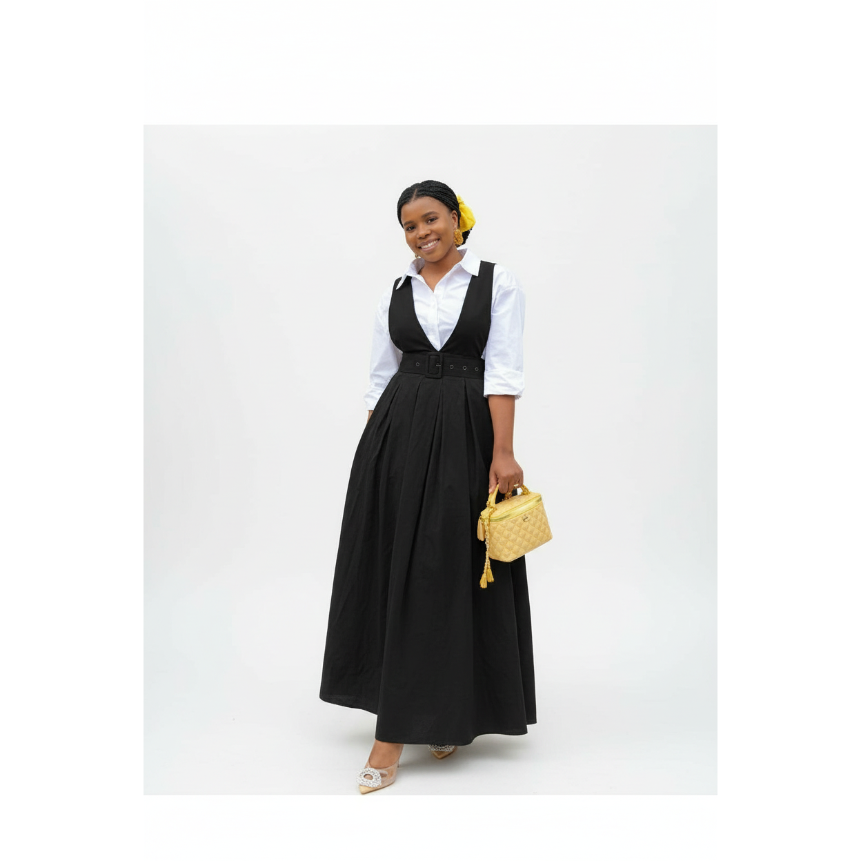 V-Neck Belted Pinafore Maxi Dress