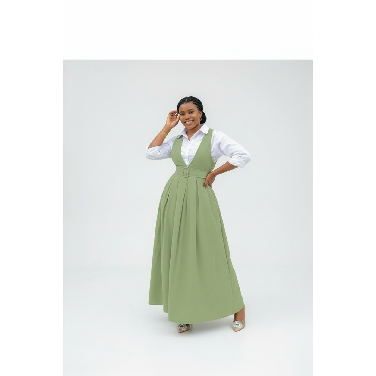 V-Neck Belted Pinafore Maxi Dress