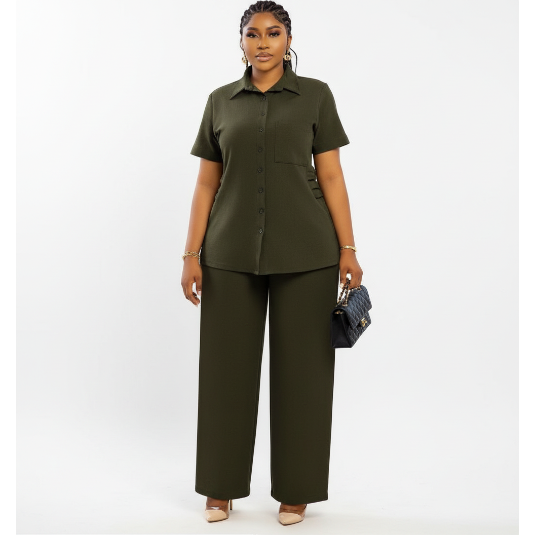 Short Sleeve Button-Down Shirt & Wide Leg Pant Set
