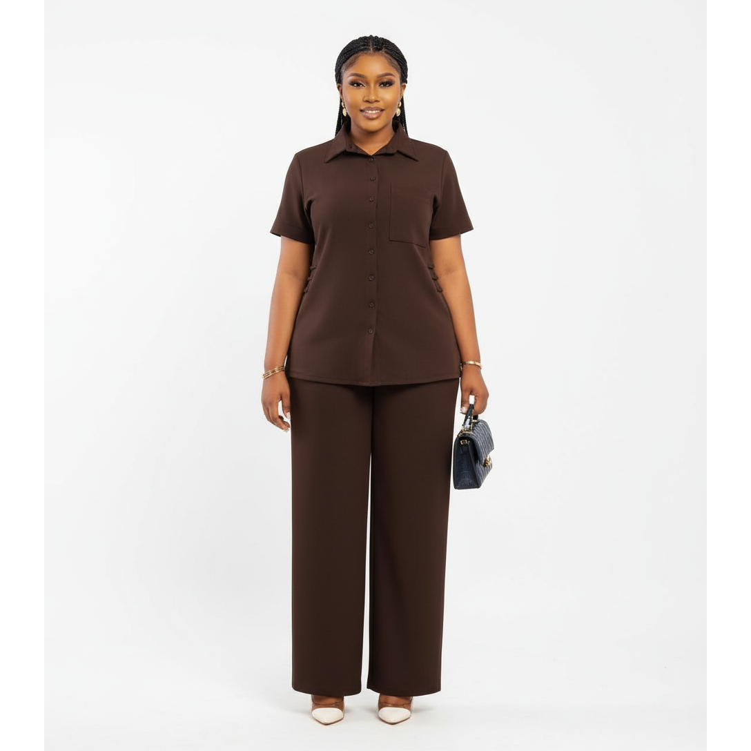 Short Sleeve Button-Down Shirt & Wide Leg Pant Set