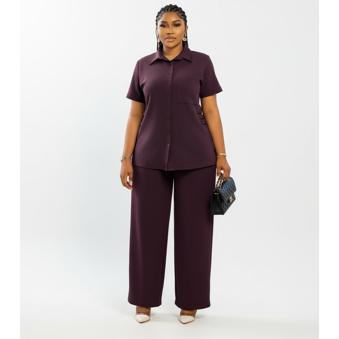 Short Sleeve Button-Down Shirt & Wide Leg Pant Set