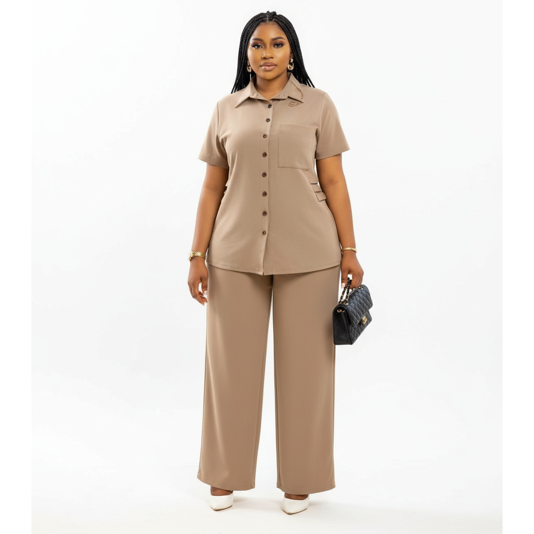 Short Sleeve Button-Down Shirt & Wide Leg Pant Set