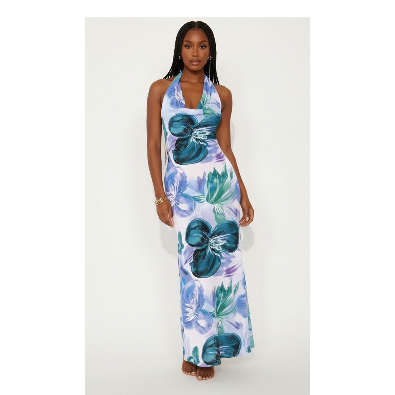 Floral Cowl Neck Halter Maxi Dress