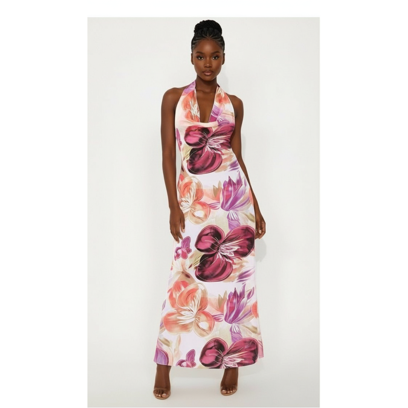 Floral Cowl Neck Halter Maxi Dress