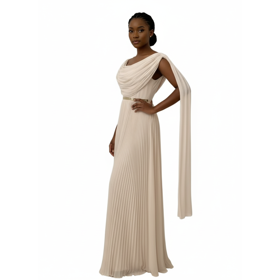 Pleated Cowl Neck Maxi Dress with Shoulder Drape