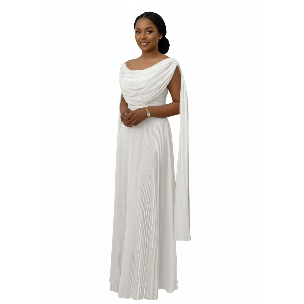Pleated Cowl Neck Maxi Dress with Shoulder Drape