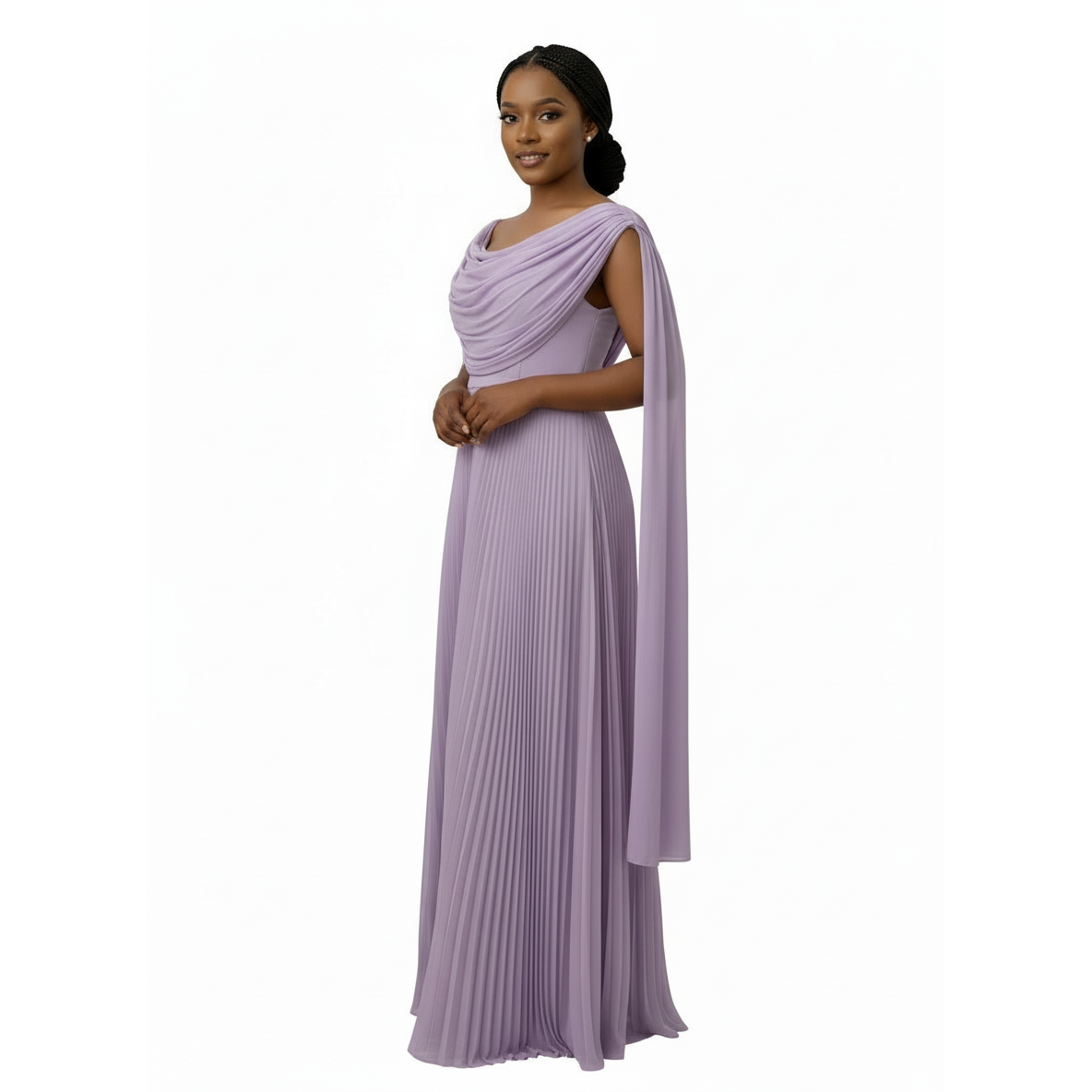 Pleated Cowl Neck Maxi Dress with Shoulder Drape