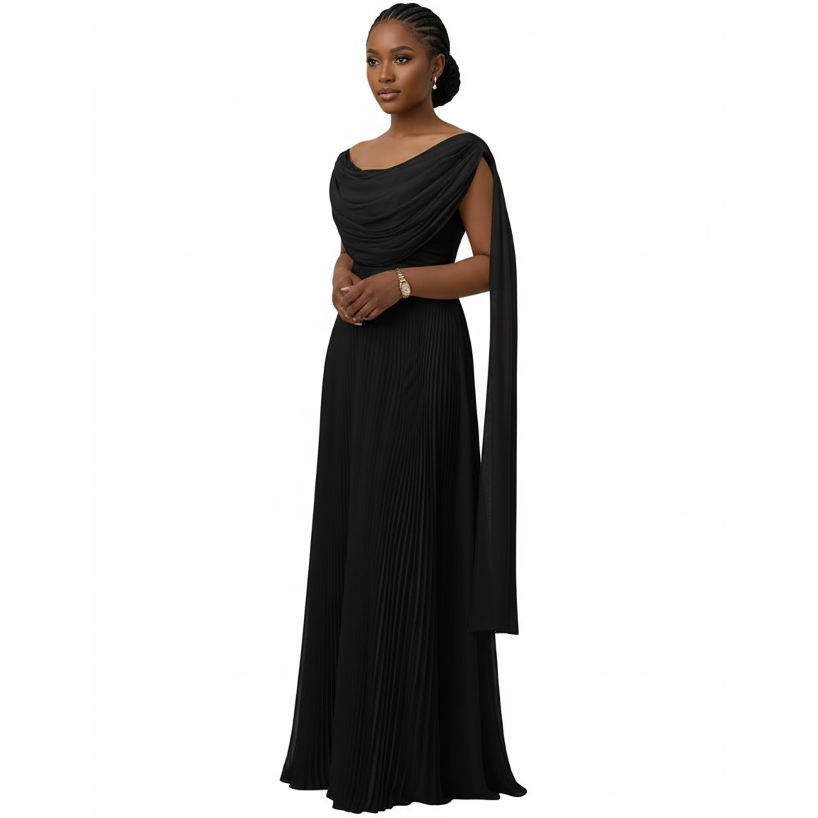 Pleated Cowl Neck Maxi Dress with Shoulder Drape