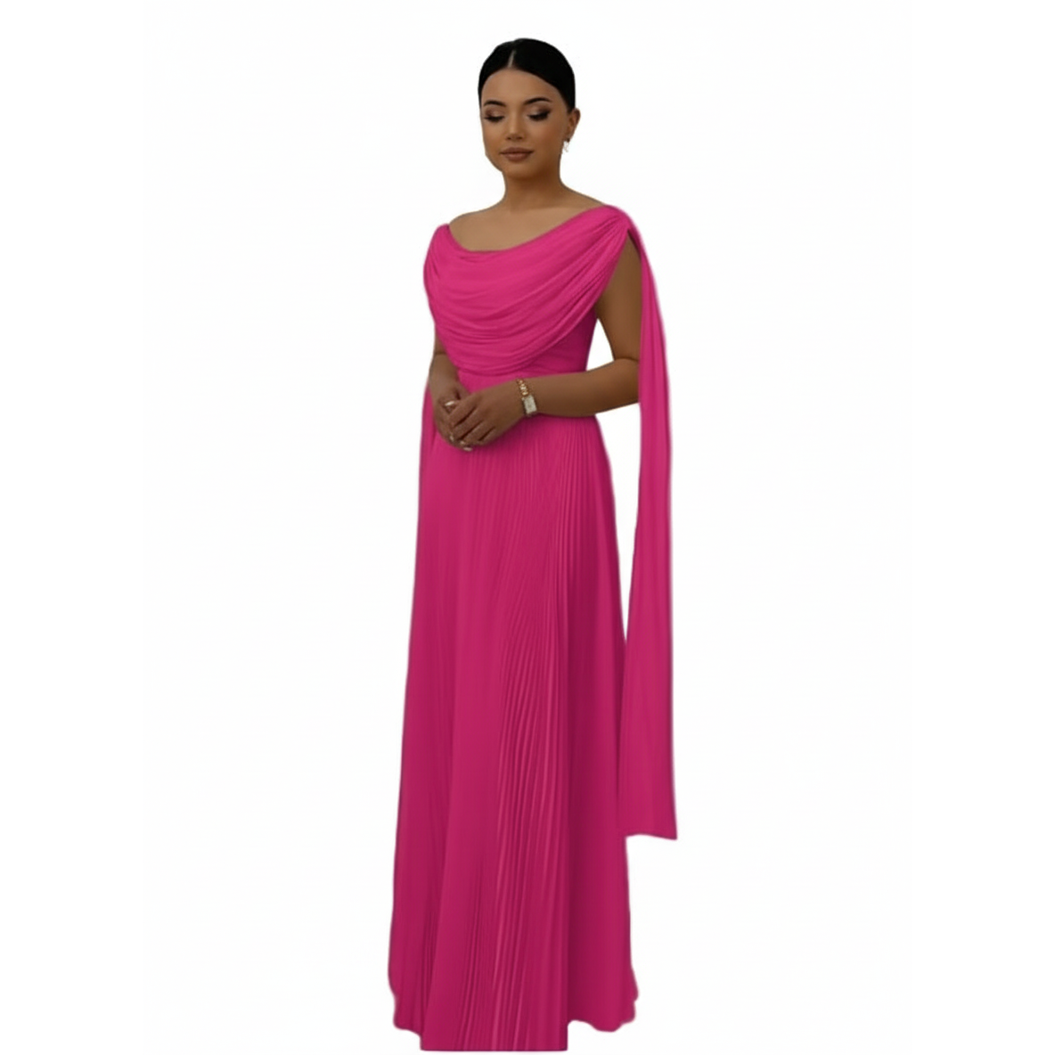Pleated Cowl Neck Maxi Dress with Shoulder Drape