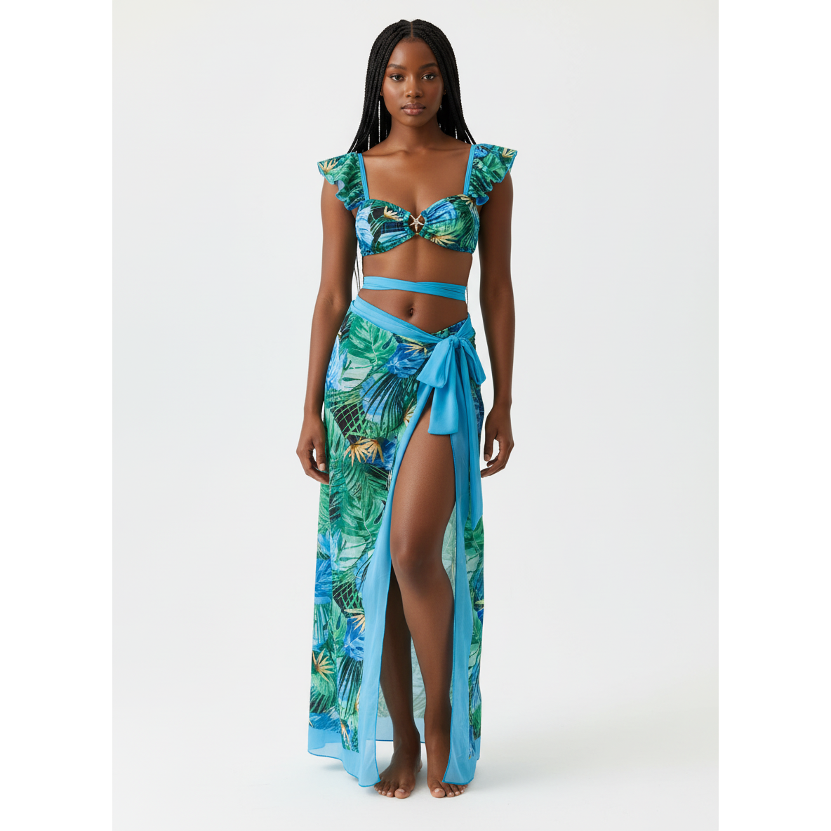 3-Piece Maxi Skirt Cover-Up Tropical Bikini Set