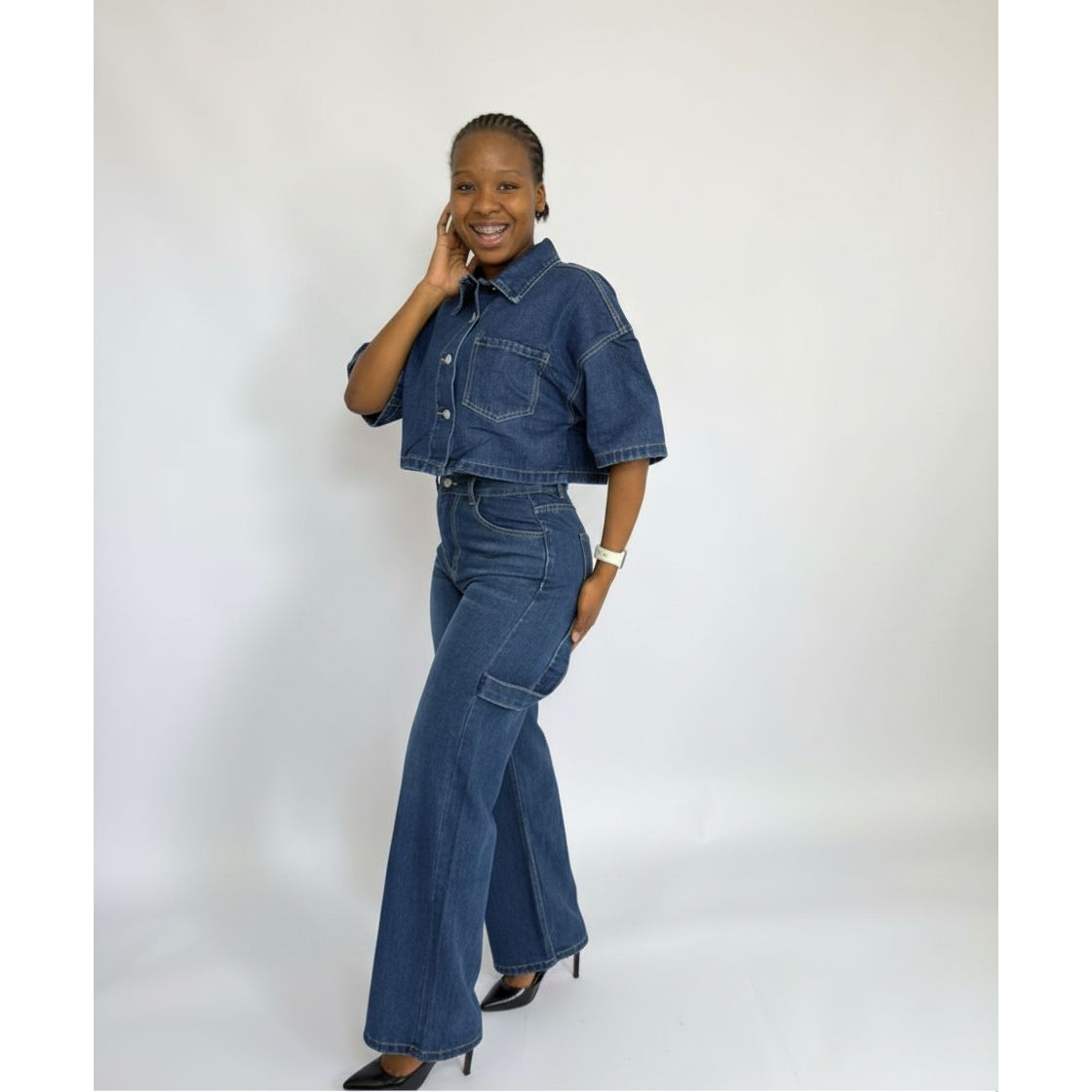 Side Pocket Cargo Jean and Plus Size Short Sleeve Pullover Denim Set