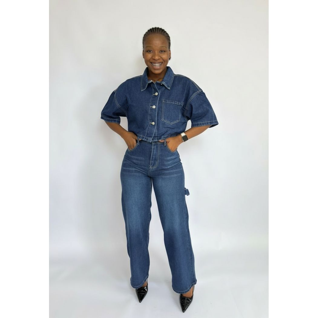 Side Pocket Cargo Jean and Plus Size Short Sleeve Pullover Denim Set