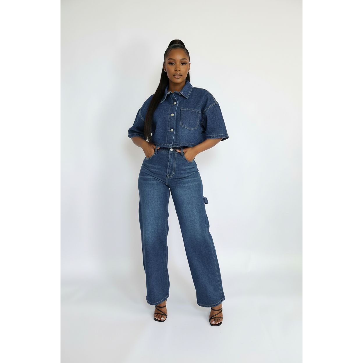 Side Pocket Cargo Jean and Plus Size Short Sleeve Pullover Denim Set