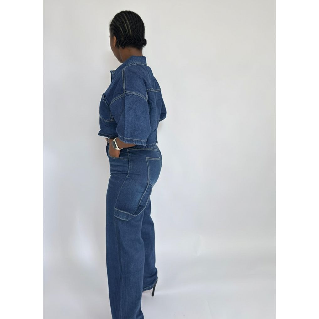 Side Pocket Cargo Jean and Plus Size Short Sleeve Pullover Denim Set