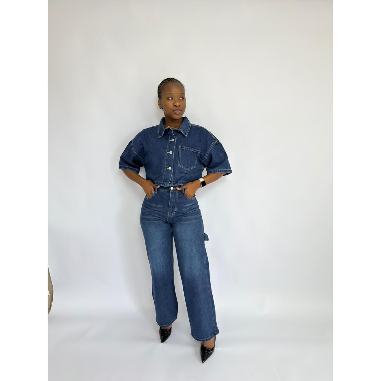 Side Pocket Cargo Jean and Plus Size Short Sleeve Pullover Denim Set