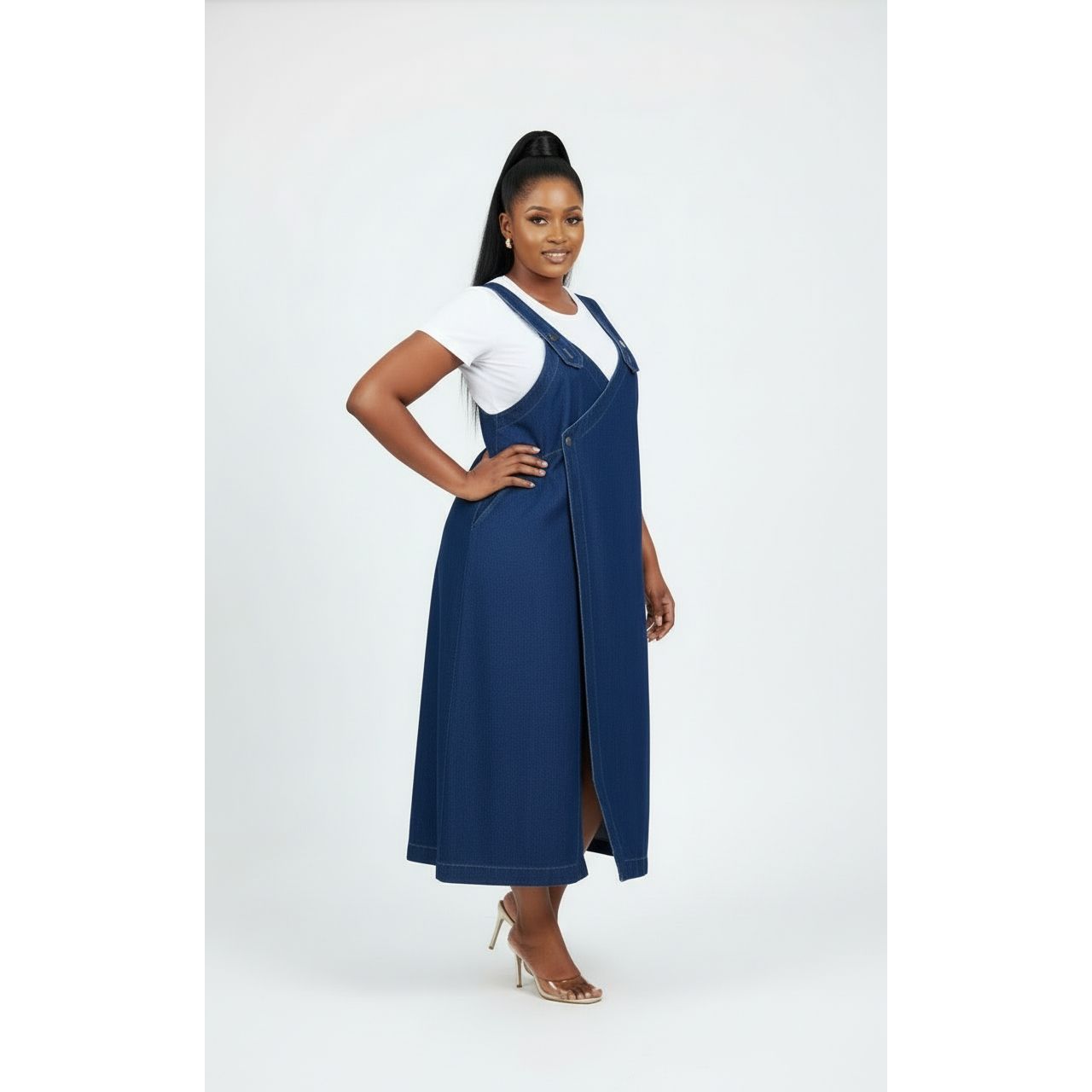 Plus Size Loose-Fit Navy Denim Overalls Dress