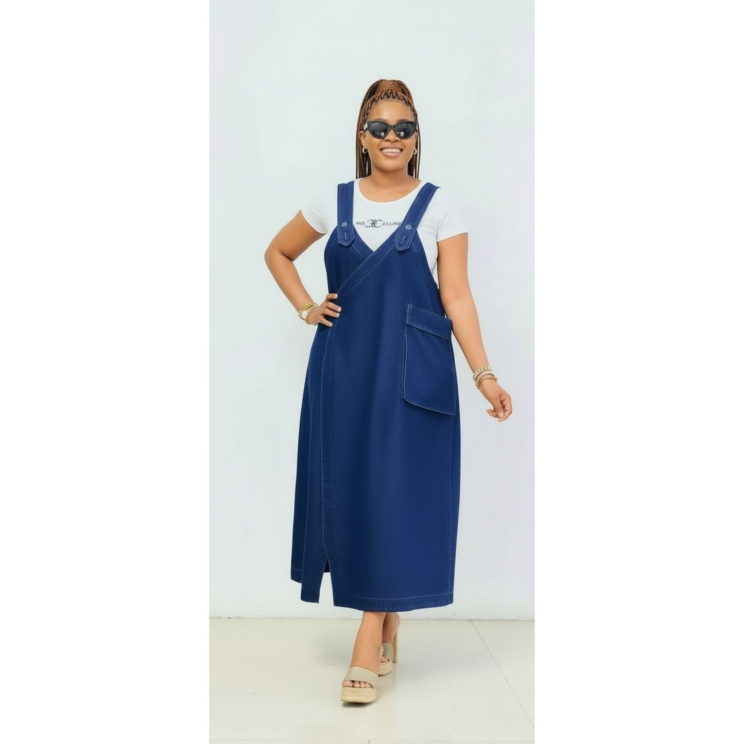 Plus Size Loose-Fit Navy Denim Overalls Dress